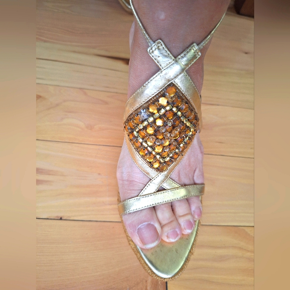 Gold Strappy Sandals with Amber Beaded Embellishment & Ankle Tie
